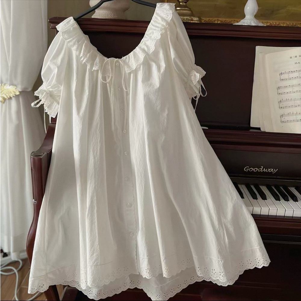 NWT White cotton babydoll nightgown sundress with eyelet trim - Picture 3 of 10